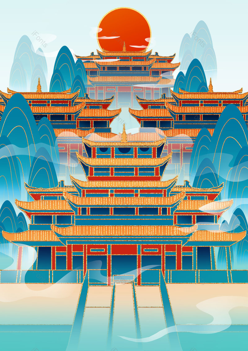 中国风国潮手绘建筑景点背景设计,插画/手绘图,插画/手绘图库,插画/手绘图下载,插画/手绘